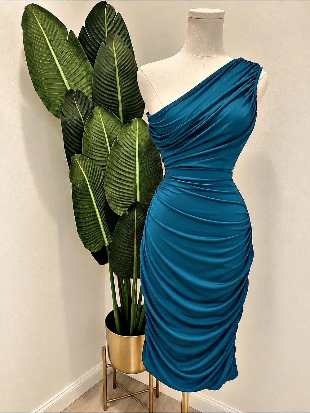 Blue Ruched One-Shoulder Midi Dress Like New